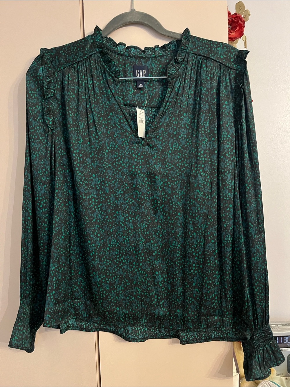 GAP Dark Green Micro Floral Ruffle-Neck Long-Sleeve Blouse